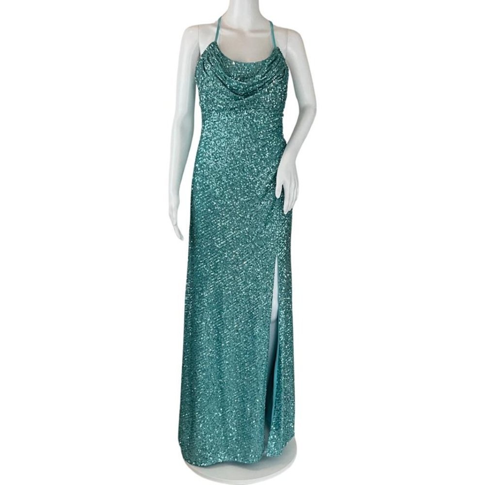 Nightway Women's Sleeveless Sequins Shimmer Evening Gown Maxi Dress Blue Sz 10